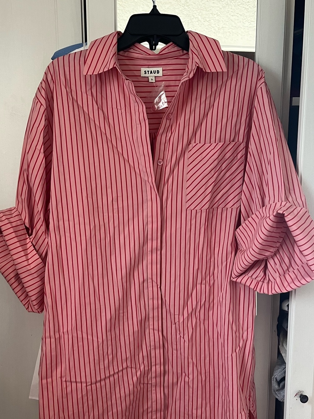 STAUD Pink and Red Striped Relaxed Shirt Dress - Picture 4 of 6